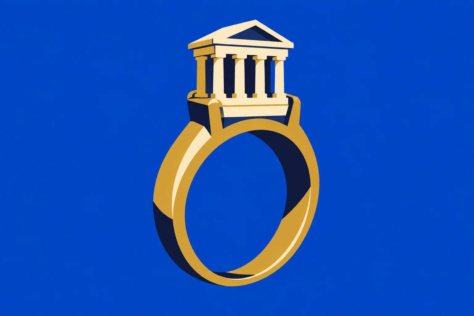 A stylized gold ring topped with a classical columned temple stands against a bright blue background.