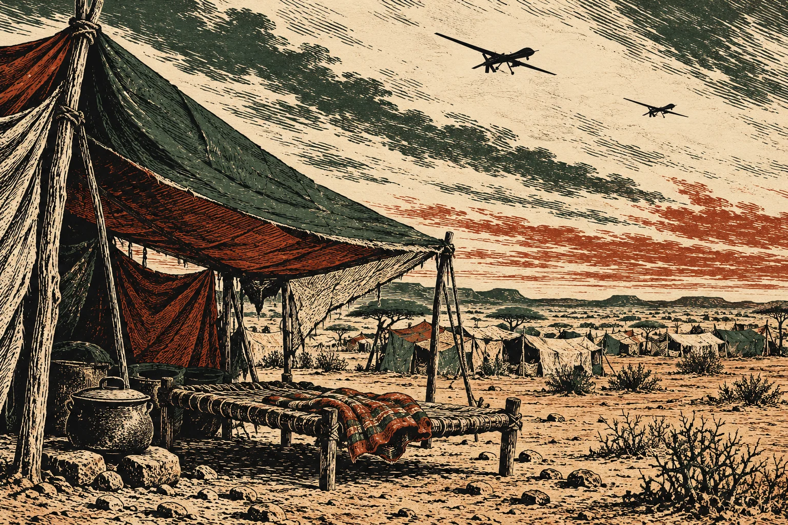 A woodcut-style desert tent camp contains a woven bed, blanket, and cooking pot, while two military drones fly overhead.