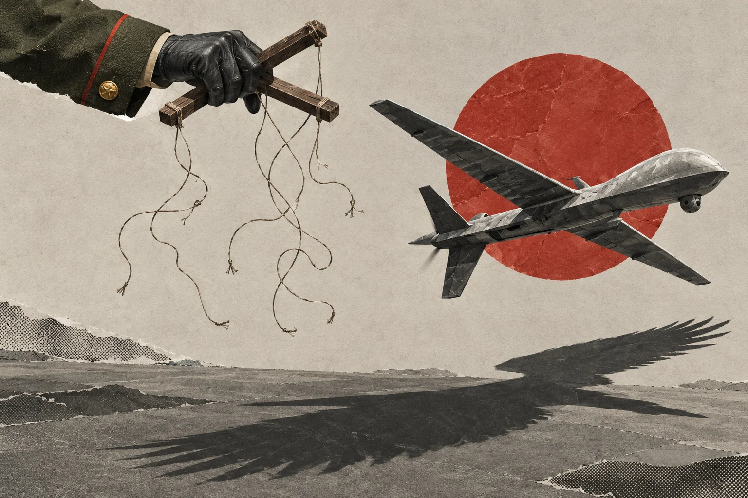 A military-gloved hand holds a marionette controller with dangling strings beside a drone, a red sun, and a bird-shaped shadow on textured ground.