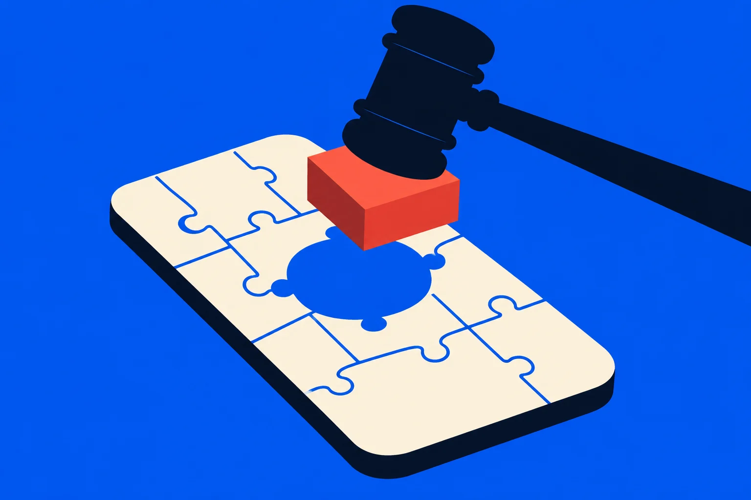 A black judge’s gavel strikes a red block above a cream jigsaw puzzle with a missing central piece on a bright blue background.