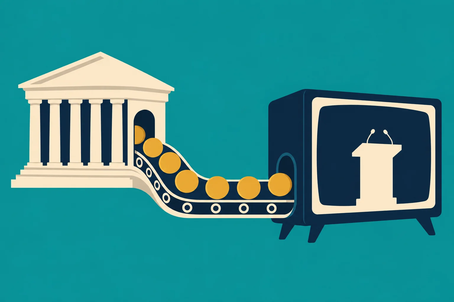 Gold coins travel on a conveyor belt from a classical bank building into a television displaying a podium with two microphones.