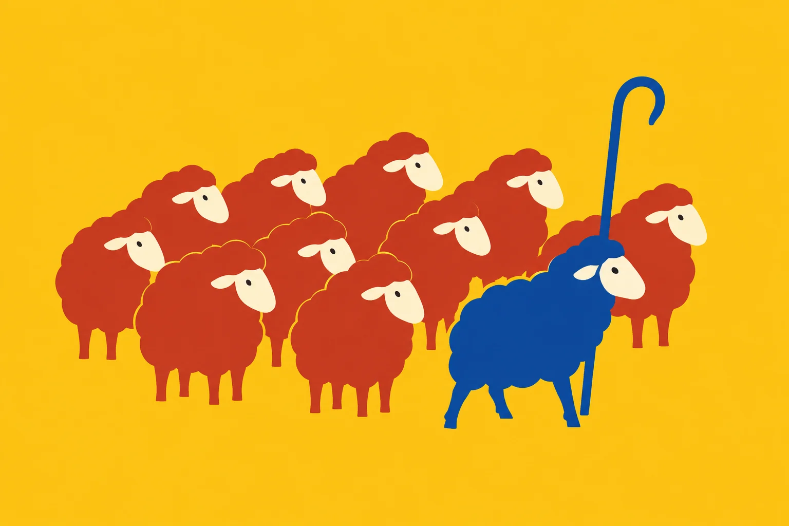 A blue sheep holding a shepherd’s crook leads a flock of red sheep against a yellow background.
