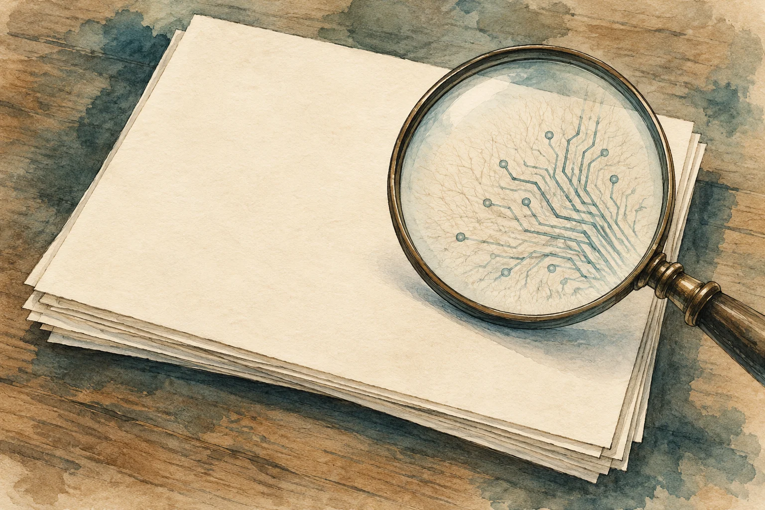 A watercolor magnifying glass reveals branching circuit patterns on blank cream paper stacked on a rustic wooden table.