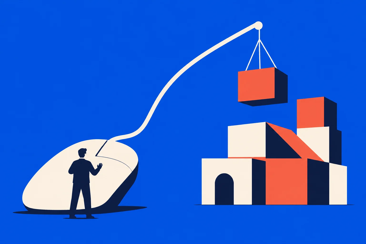 A person stands beside a giant computer mouse whose cord becomes a crane lifting an orange block above stacked geometric buildings on a blue background.