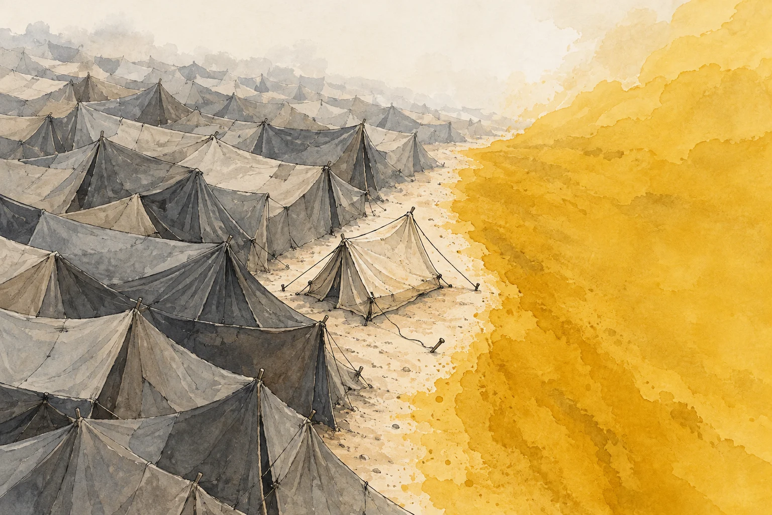 Rows of gray canvas tents stretch into the distance beside a large golden yellow watercolor wash on textured cream paper.