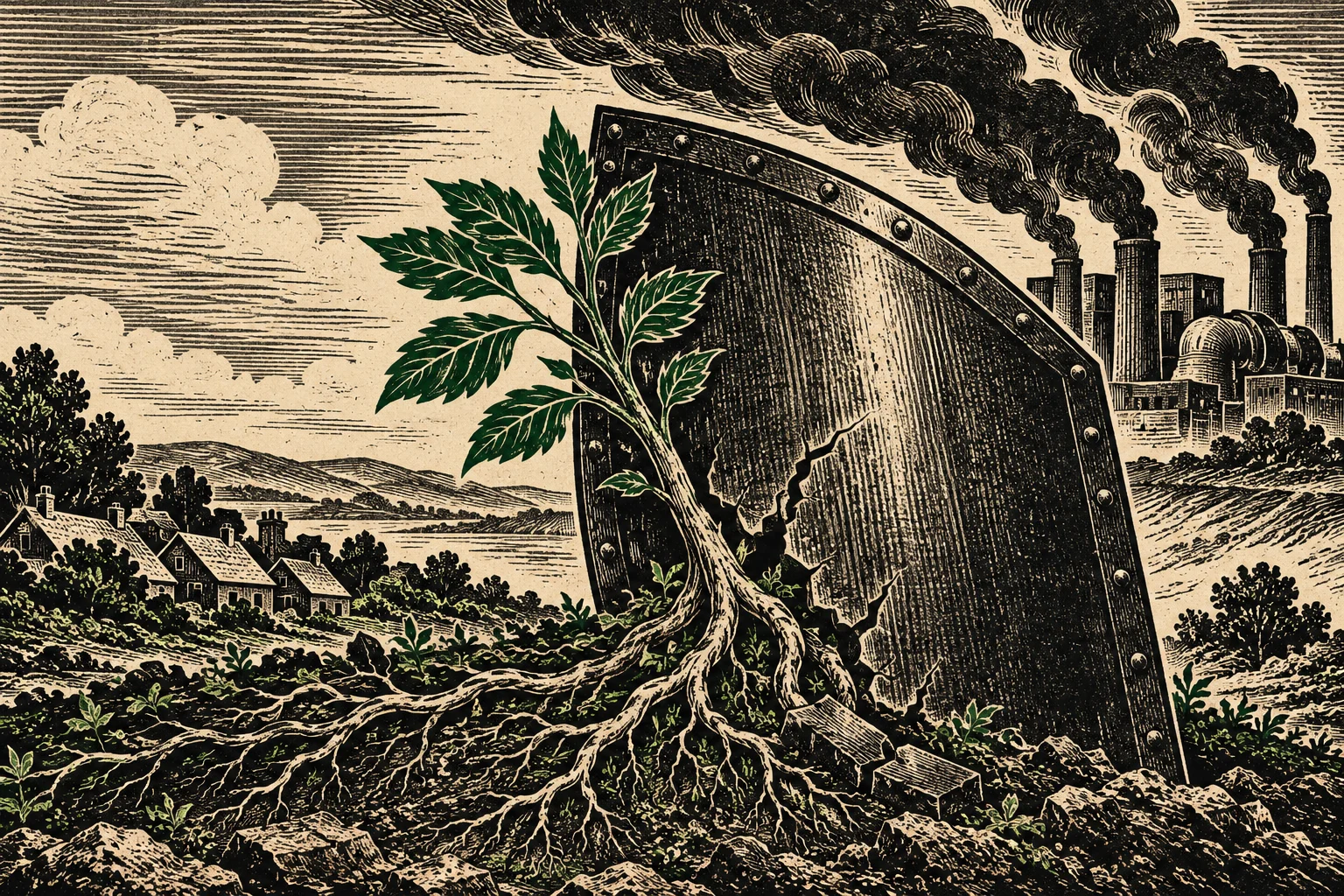 A leafy sapling spreads roots through cracked soil beside a fractured metal shield, with rural cottages to the left and smoke-belching factories to the right.