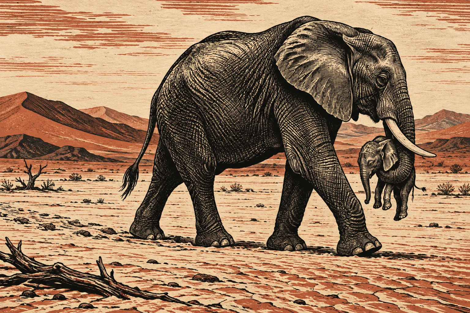 A vintage woodcut-style illustration shows an adult elephant and a calf walking through an arid landscape with reddish mountains, sparse shrubs, and fallen branches.