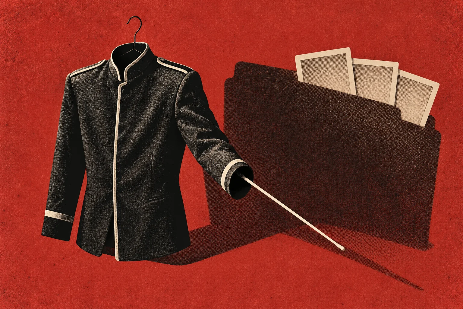 A black conductor’s jacket hangs beside a dark folder holding three blank cards, with a baton extending from one sleeve against a textured red background.