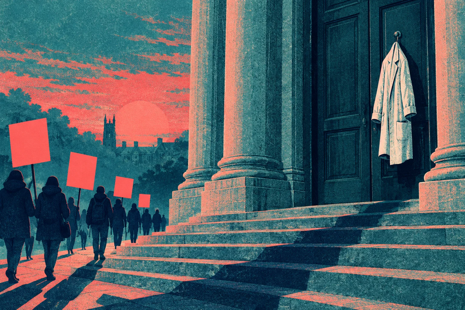 Protesters carrying blank signs walk beside grand stone steps and columns, while a white lab coat hangs on a dark door beneath a coral sunset.