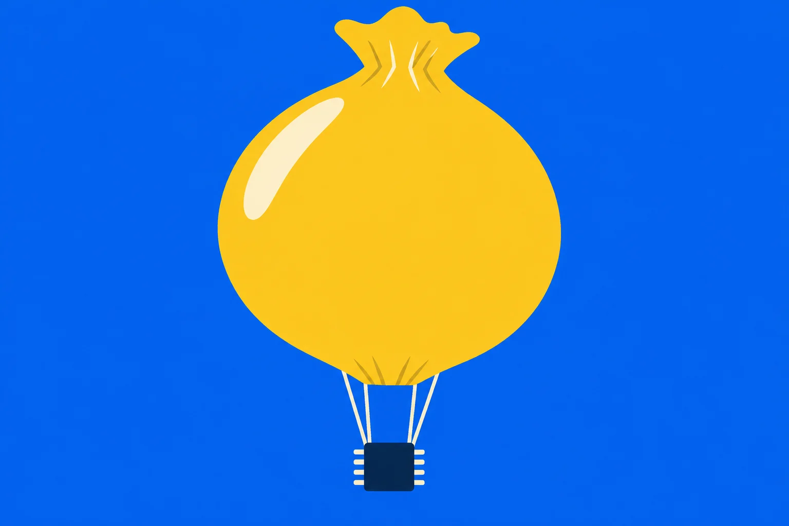 A yellow sack-shaped hot air balloon with cream suspension lines and a dark blue basket floats against a bright blue background.