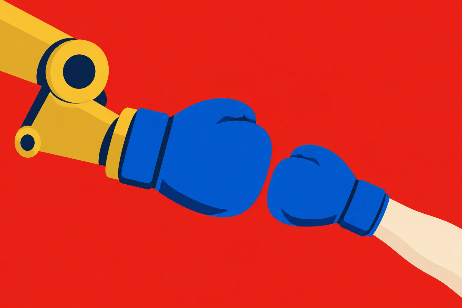 A yellow robotic arm and a human arm wearing blue boxing gloves bump fists against a bright red background.
