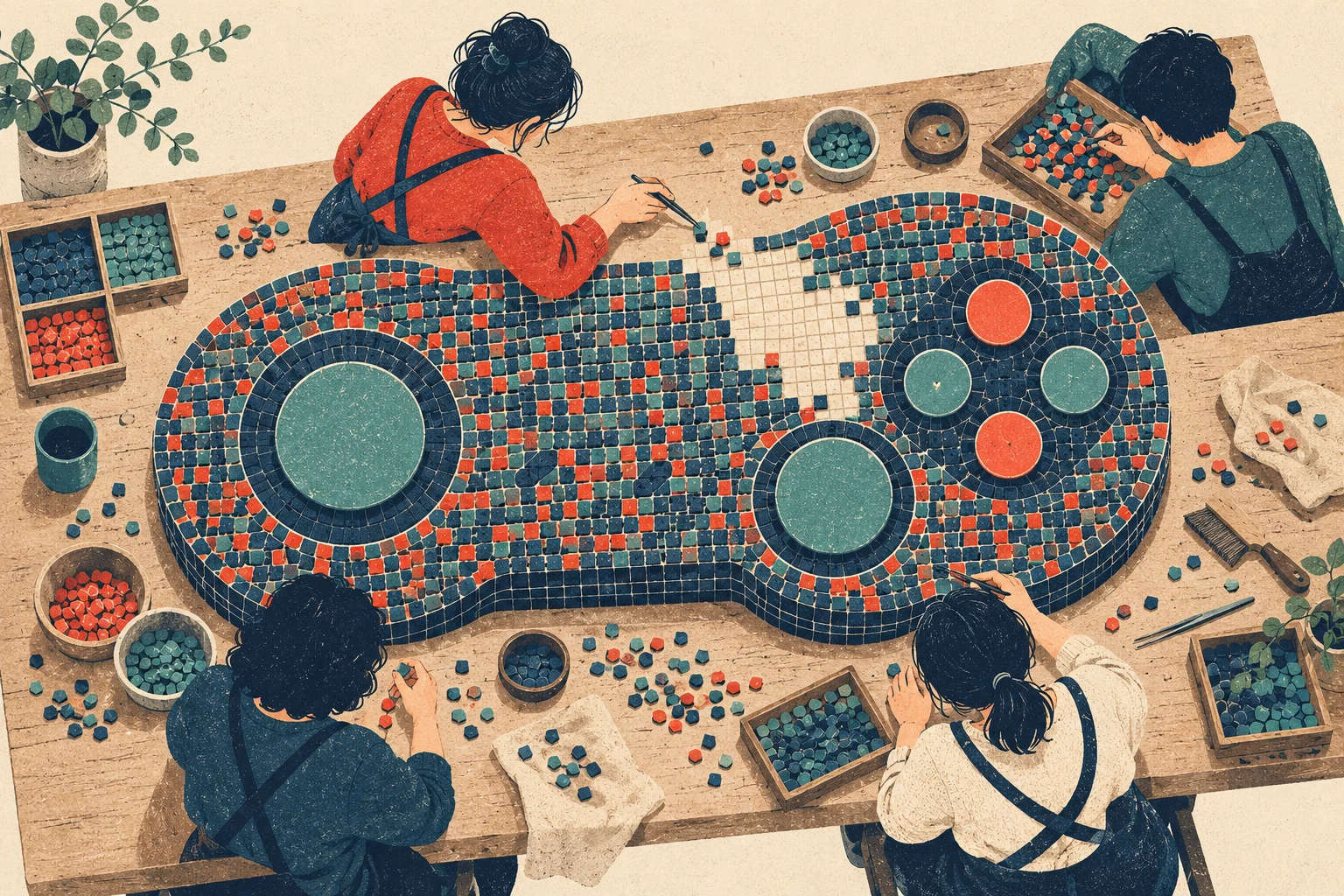 Four people assemble a large game controller mosaic with blue, green, and orange tiles on a wooden worktable surrounded by bowls, tools, and plants.