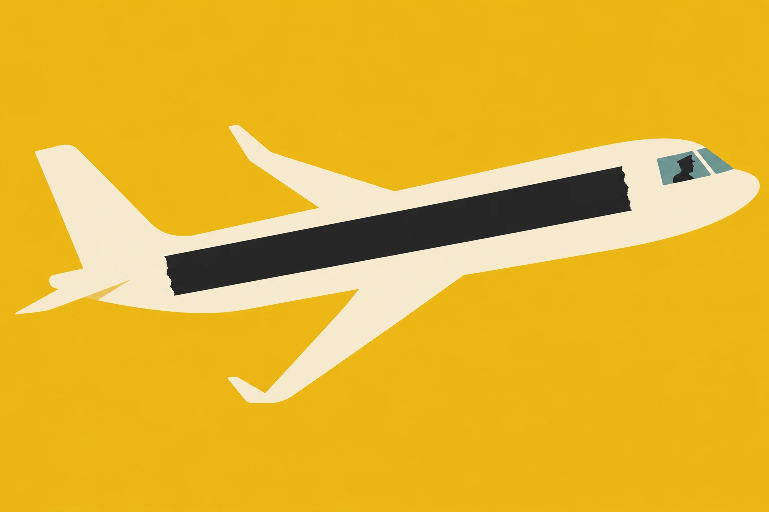 A cream-colored passenger airplane with a black stripe and a pilot silhouette flies against a yellow background.