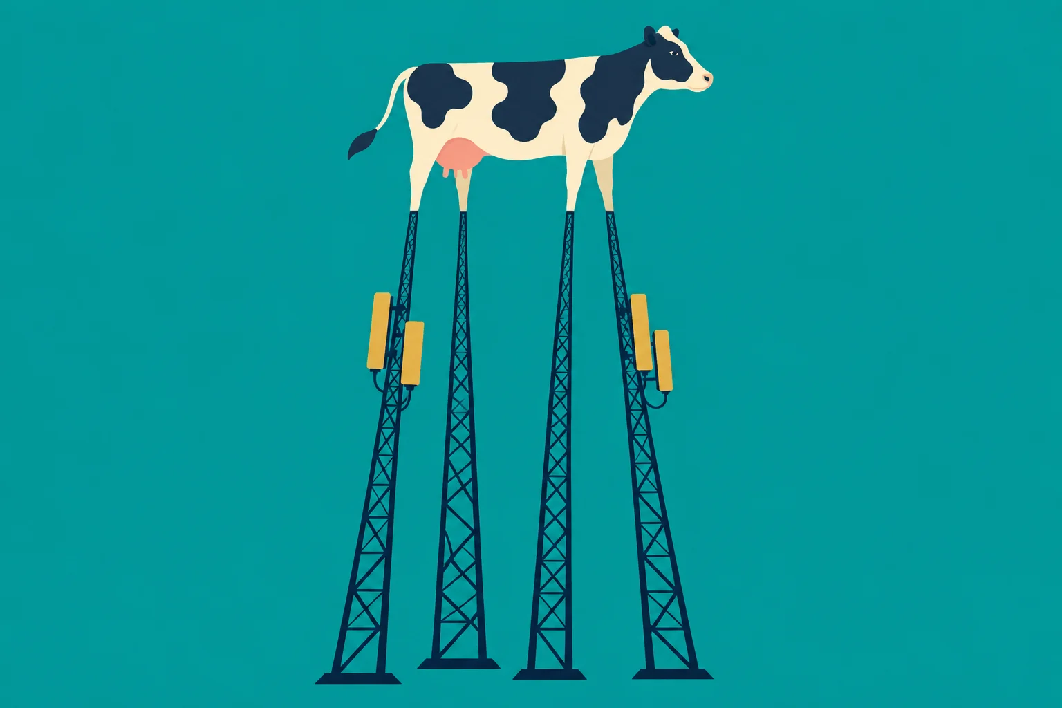 A black and white cow stands on four extremely tall lattice tower legs with yellow antenna panels against a teal background.