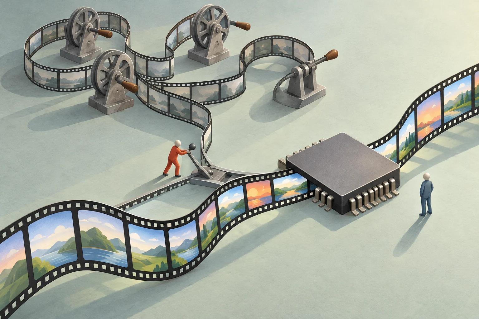 Filmstrips wind through hand-cranked reels and a large computer chip, with miniature figures beside a lever and the chip.