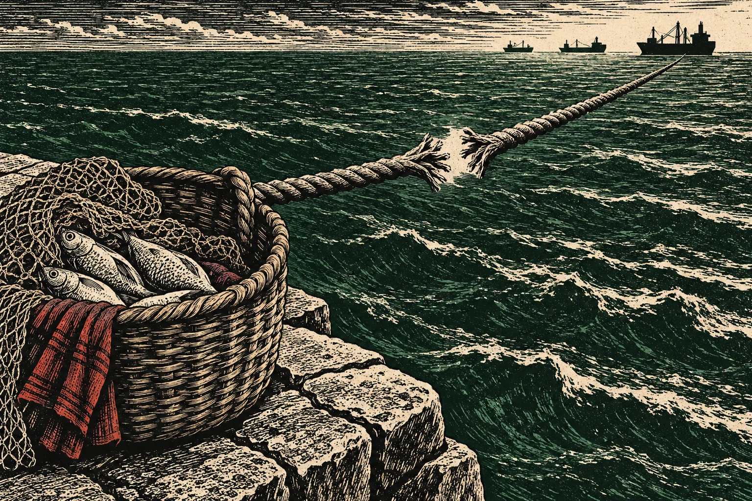 A woodcut-style scene shows a basket of fish and nets on a stone quay, with a fraying rope stretching across rough seas toward distant ships.