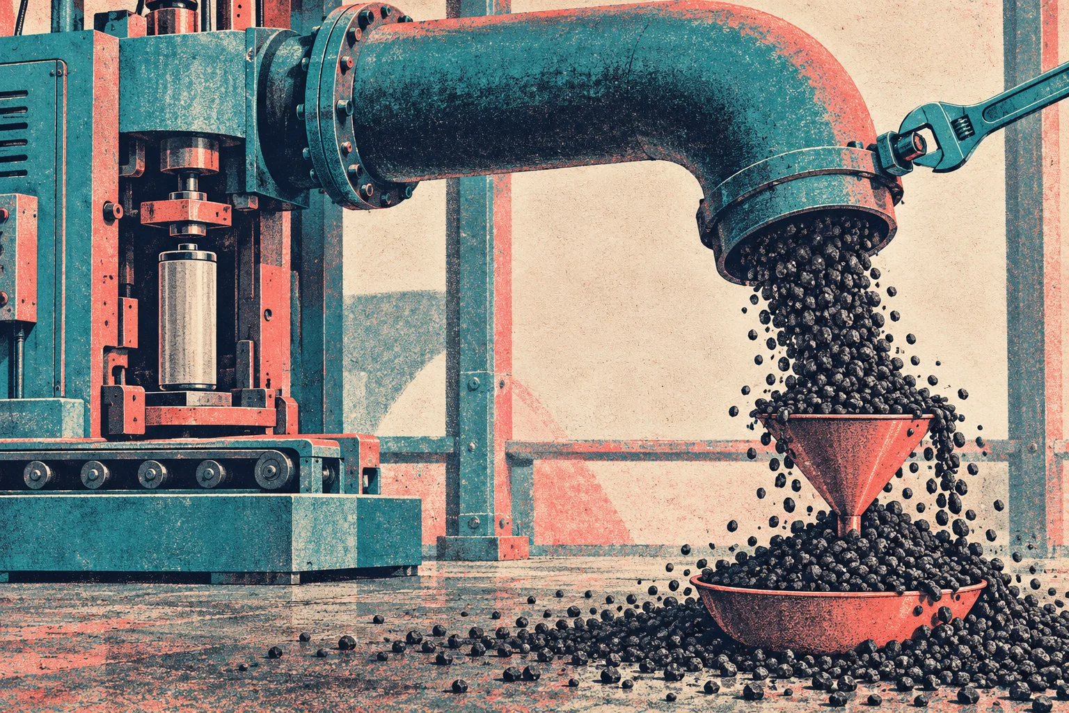 A large industrial pipe pours black pellets into a red funnel and overflowing bowl beside machinery, with a wrench attached to the pipe.