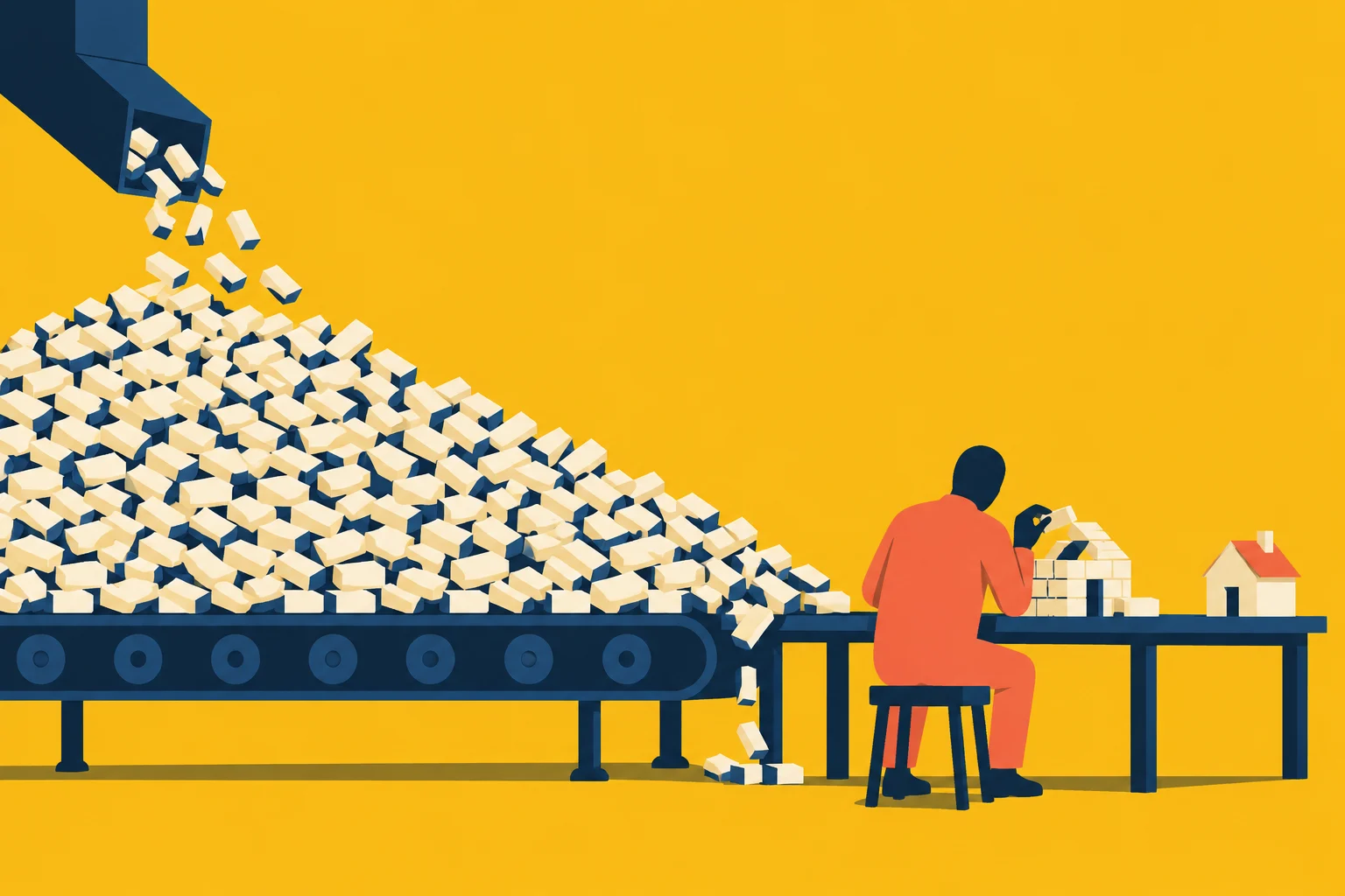 A worker builds a small house from blocks beside a conveyor belt overflowing with blocks, with a finished model house nearby against a yellow background.