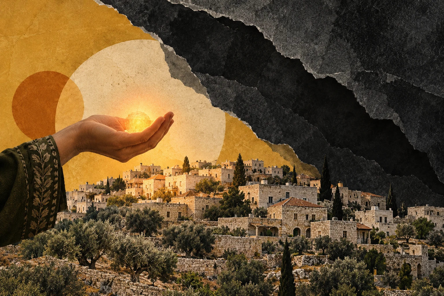 Cupped hands hold a glowing orb above a hillside stone village, with golden circles and torn black paper textures filling the sky.