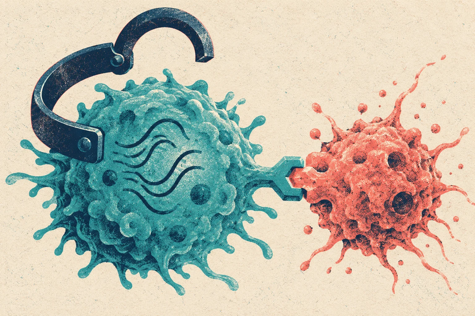 A large teal cell wearing an open dark cuff connects through a small interlocking structure to a smaller coral cell on a textured cream background.