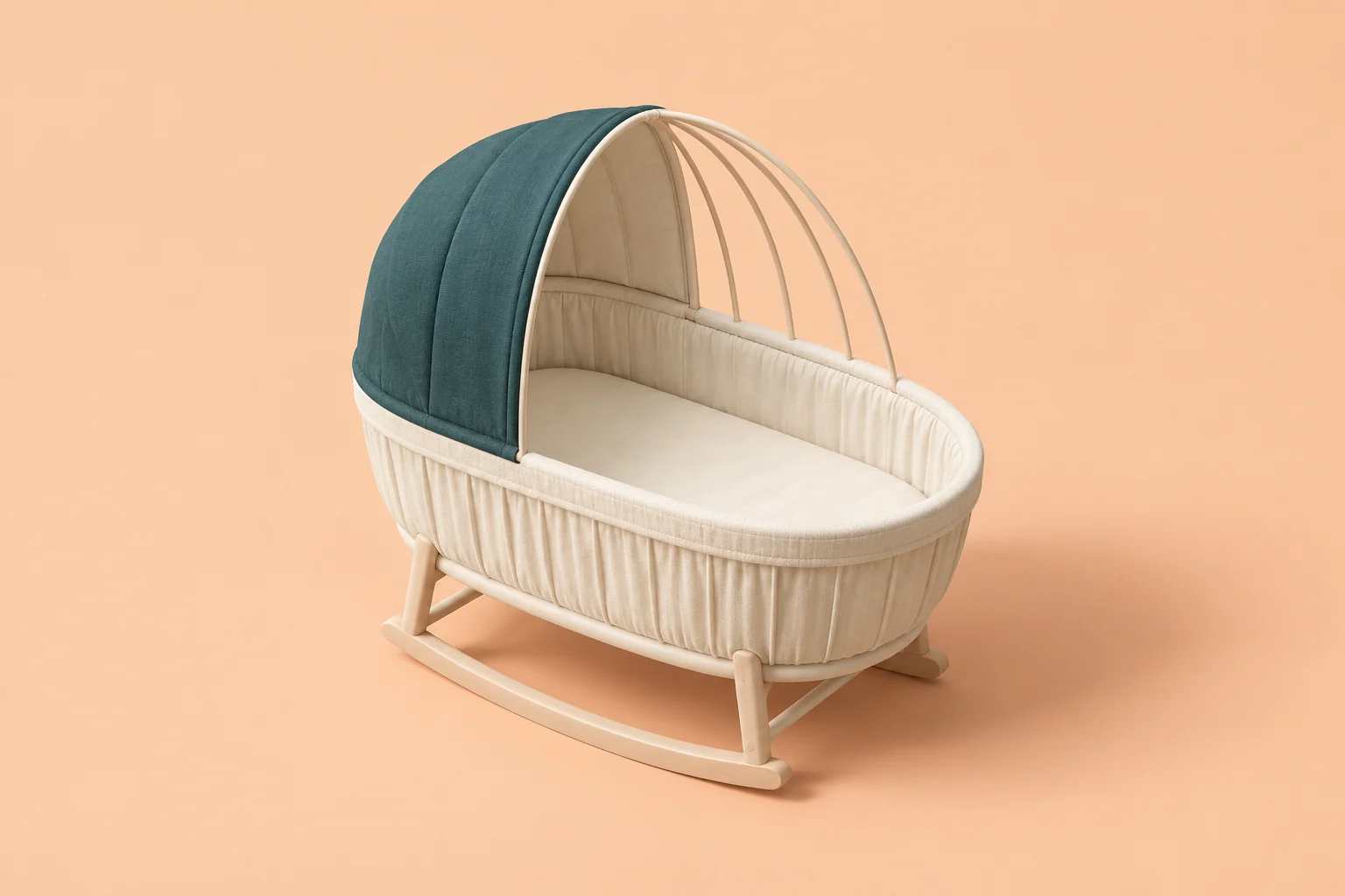 A cream fabric baby bassinet with a partially extended teal canopy and pale wooden rocking base stands against a peach background.