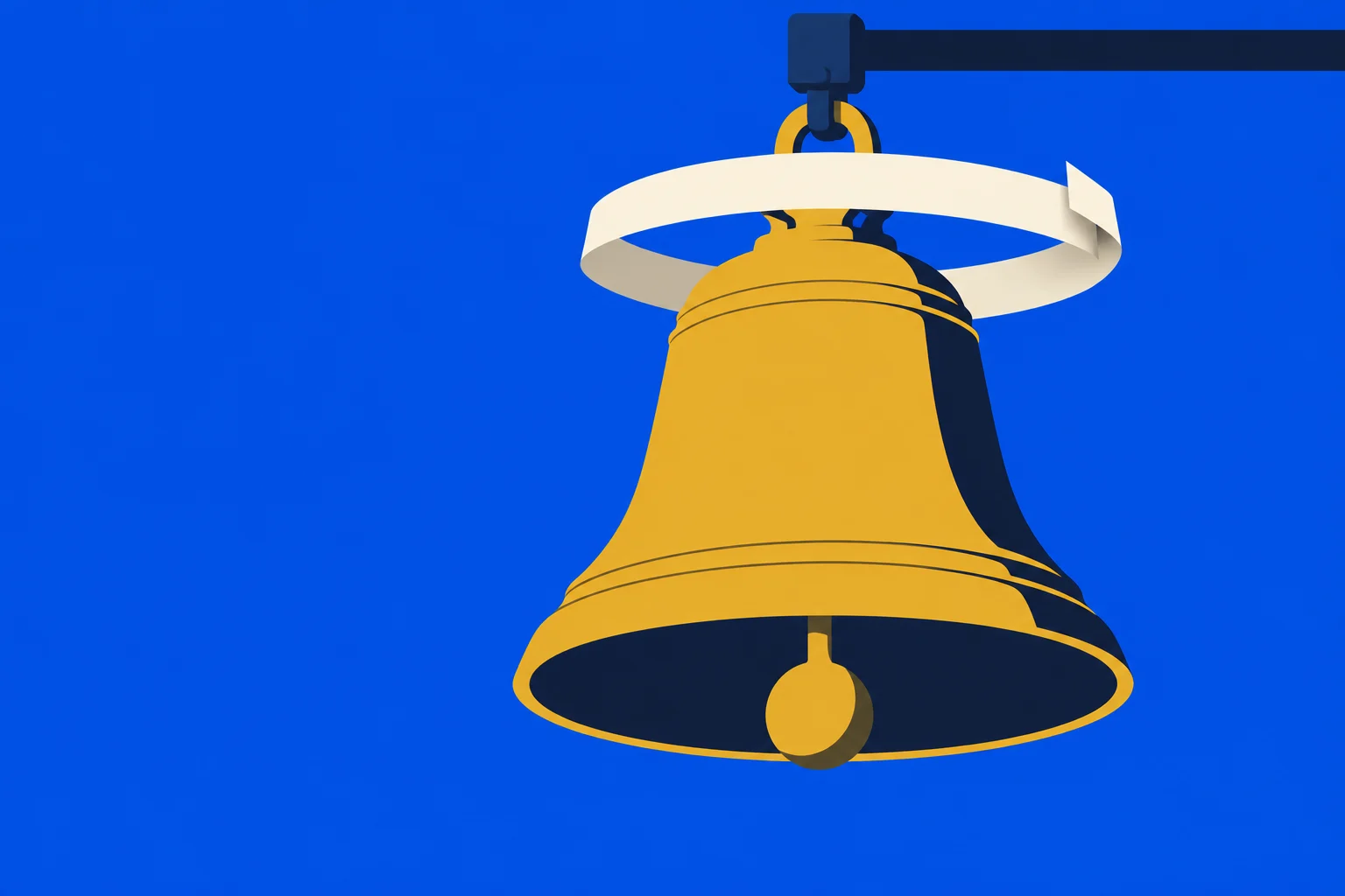 A golden bell hangs from a dark bracket against a bright blue background, with a cream ribbon circling its top.