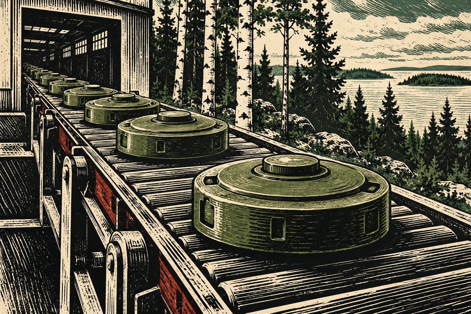 A woodcut-style illustration shows round green metal objects on a factory conveyor belt beside a birch and pine forest overlooking a lake.