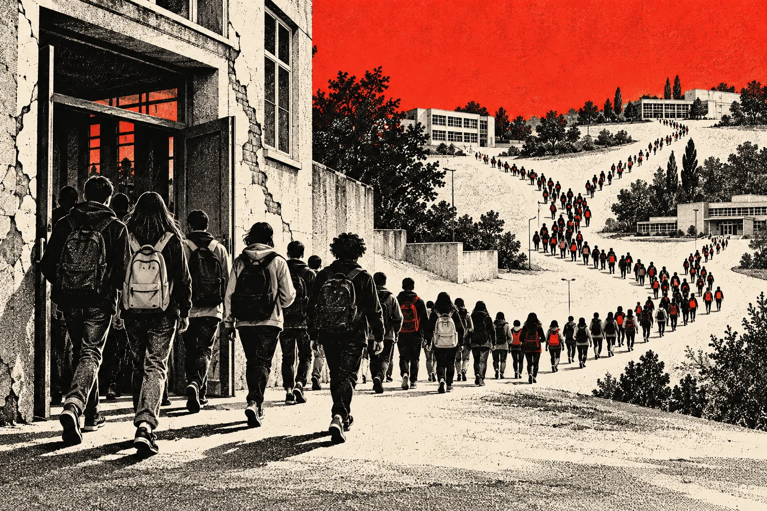 Students with backpacks form long lines winding between school buildings across hilly terrain, rendered in distressed black and cream beneath a vivid red sky.