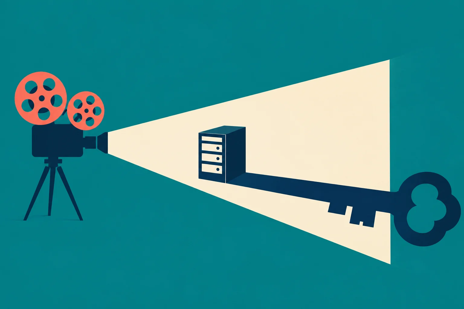 A vintage film projector casts a cream beam containing a server tower whose long shadow forms a large key against a teal background.