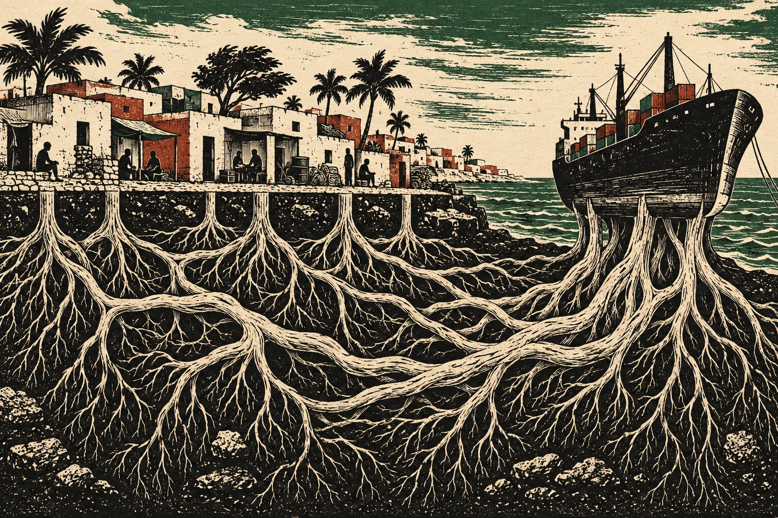 A woodcut-style coastal village and cargo ship share an immense network of intertwined roots beneath the shoreline and sea.