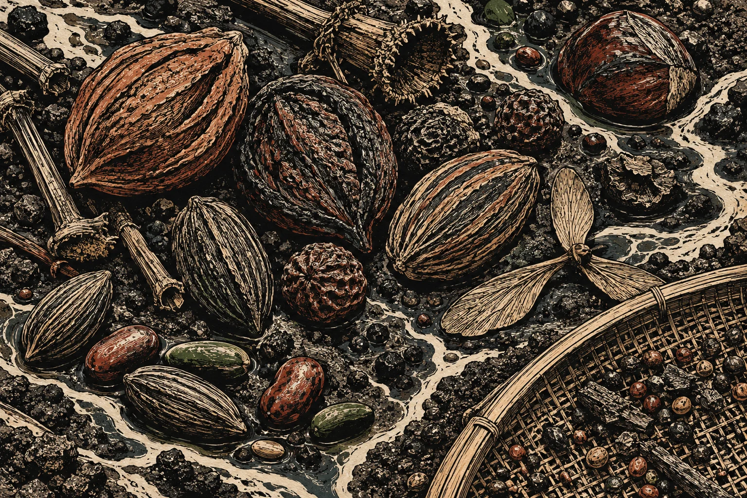 A woodcut-style illustration shows textured seeds, nuts, twigs, and winged seed pods scattered across dark soil beside a woven sieve.