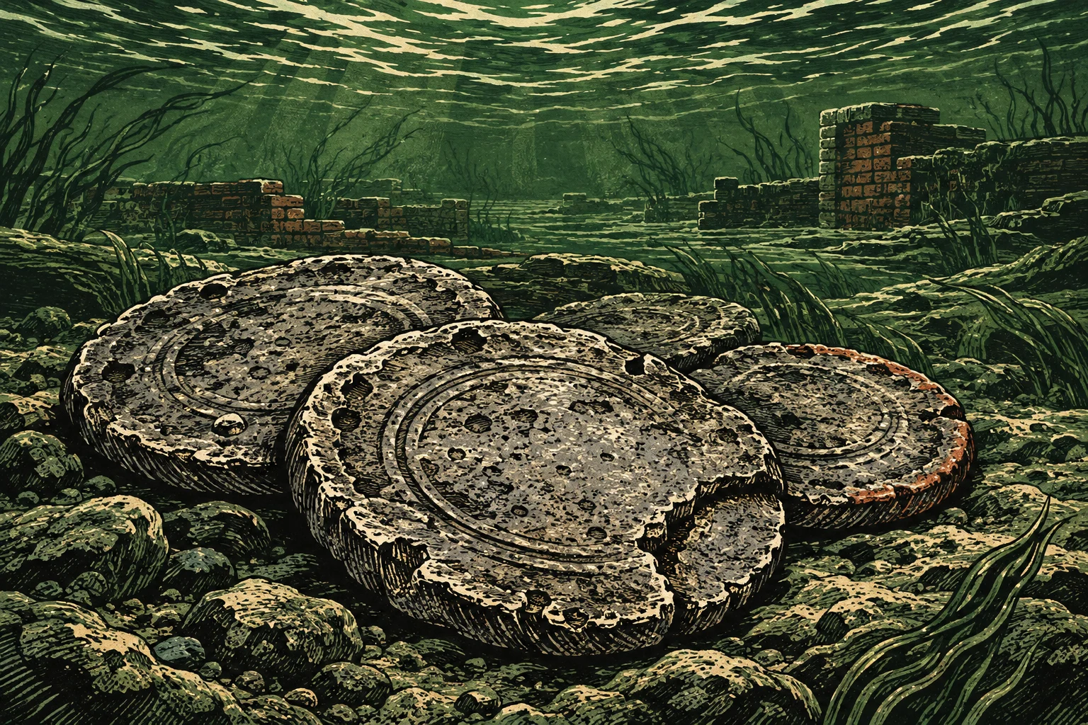 Cracked circular stone slabs lie among rocks and seaweed on an underwater floor, with crumbling brick ruins behind them and sunlight filtering through green water.