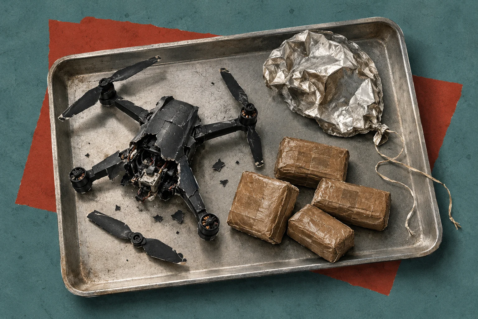 A damaged black quadcopter, four brown wrapped packages, and a crumpled silver pouch lie on a worn metal tray over a teal background with orange shapes.