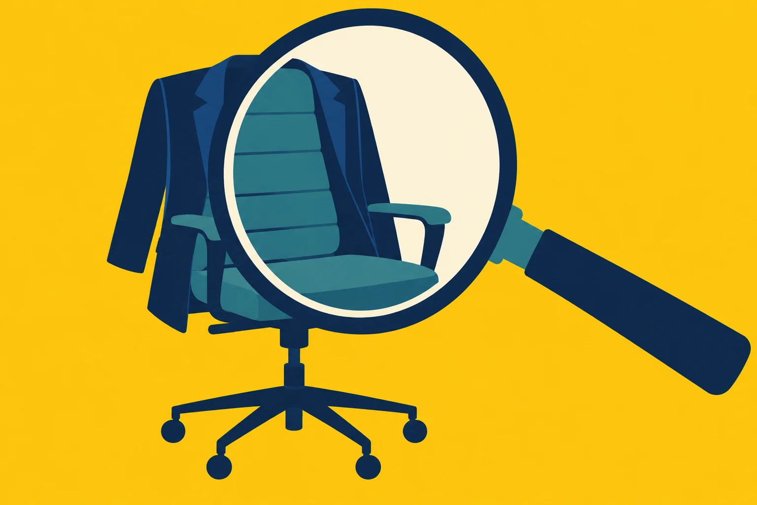 A large magnifying glass highlights a teal office chair with a dark blue jacket draped over it against a yellow background.