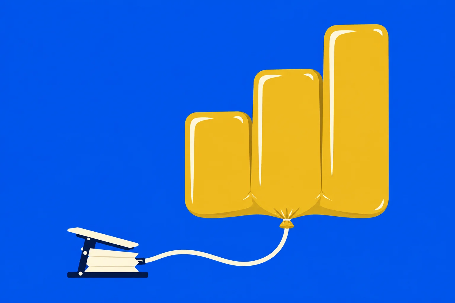 A foot pump inflates a golden balloon shaped like three ascending bars against a bright blue background.