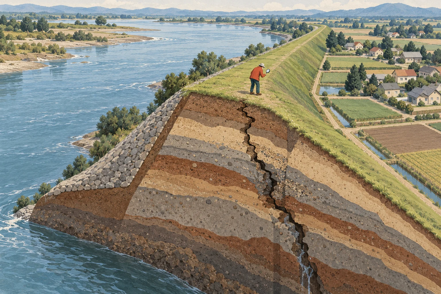 A cutaway of a grassy river levee reveals layered soil and a deep crack, while a person inspects its crest near farmland and houses.