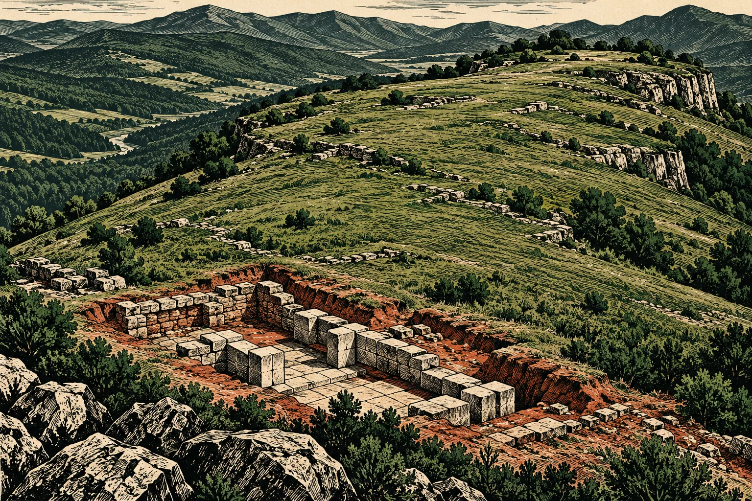 An engraving depicts excavated stone ruins on a grassy hillside overlooking wooded valleys and layered mountains.