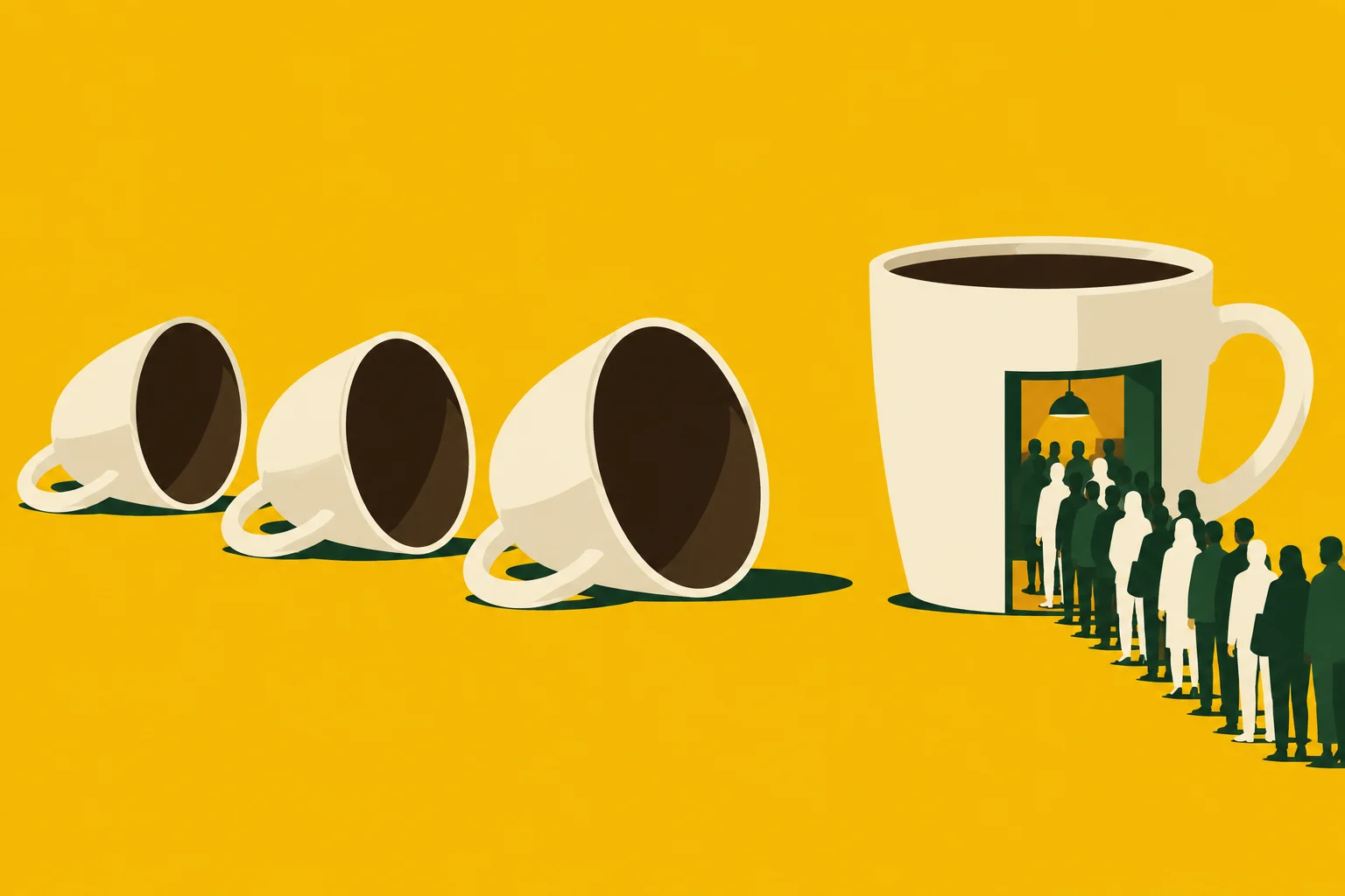 People queue to enter a doorway in a giant upright coffee mug beside three empty cups lying on their sides against a yellow background.