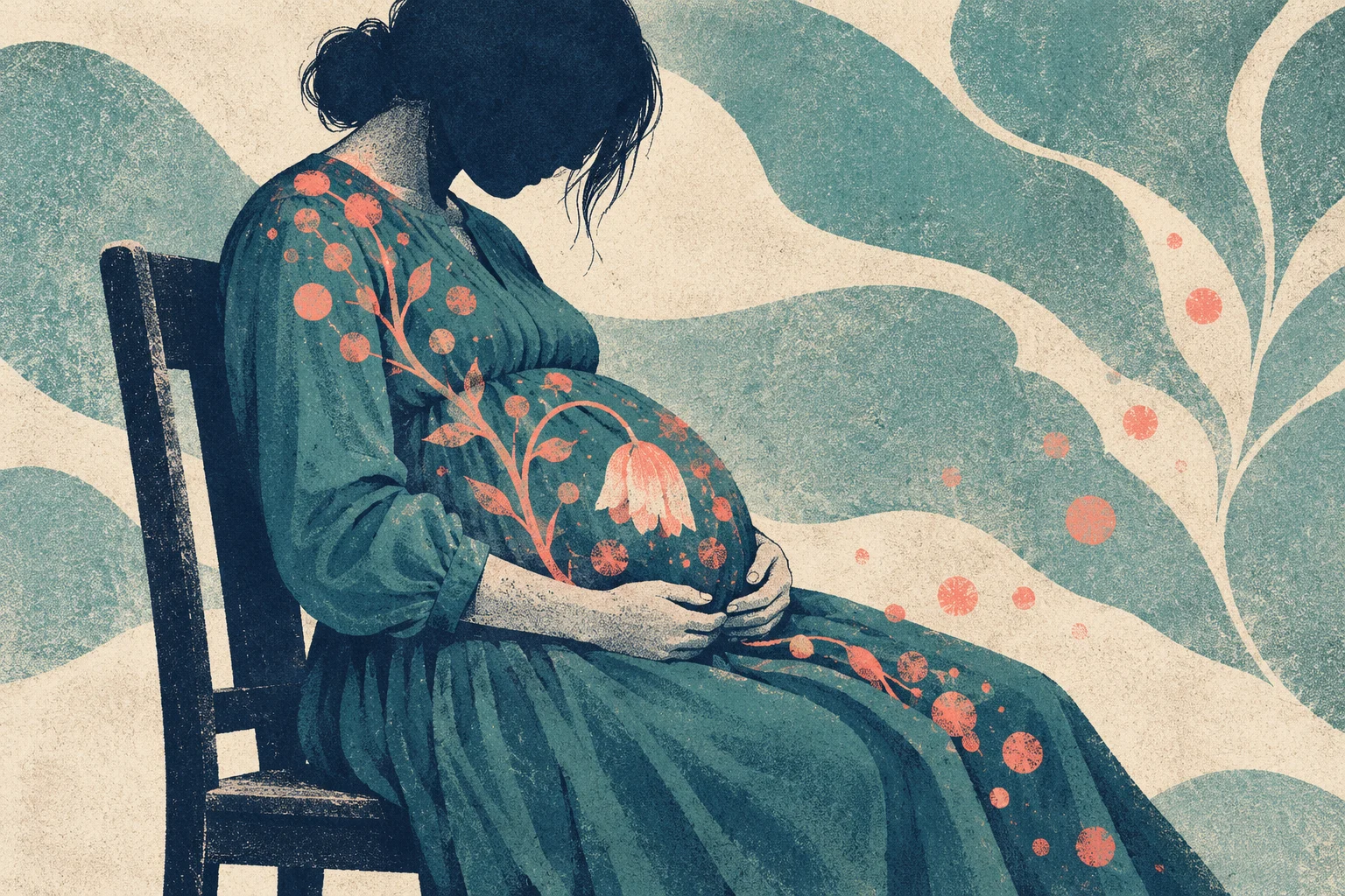 A pregnant woman in a teal floral dress sits on a wooden chair, cradling her belly against a textured background of flowing botanical shapes.