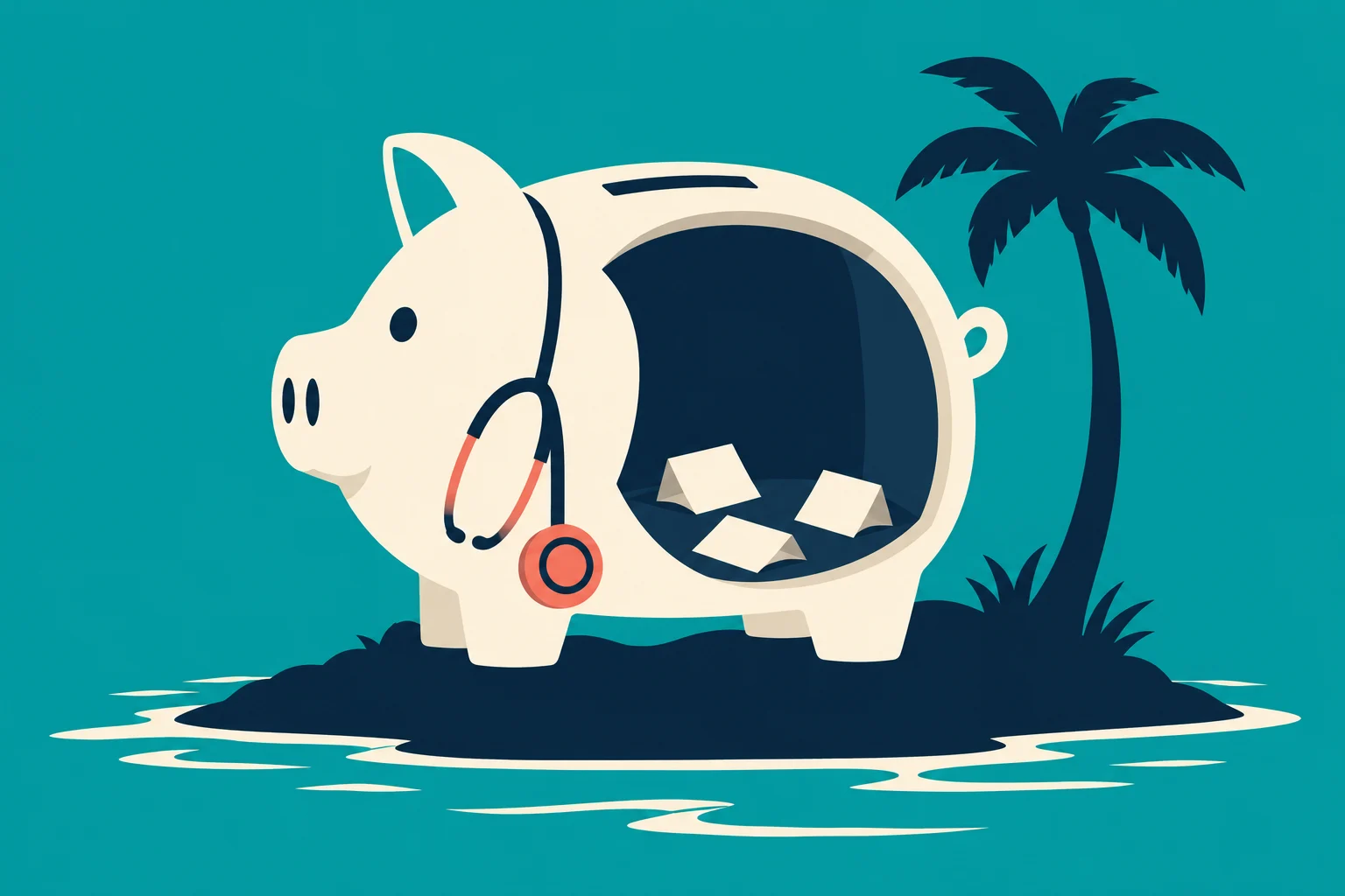 A cream piggy bank wearing a stethoscope contains three small tents in its open side, beside a palm tree on an island against a teal background.