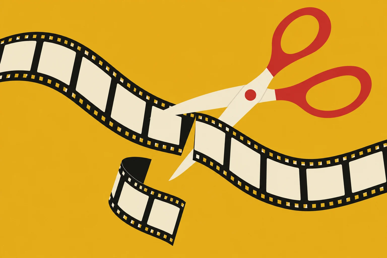Red-handled scissors cut a curling black filmstrip with blank cream frames against a yellow background.