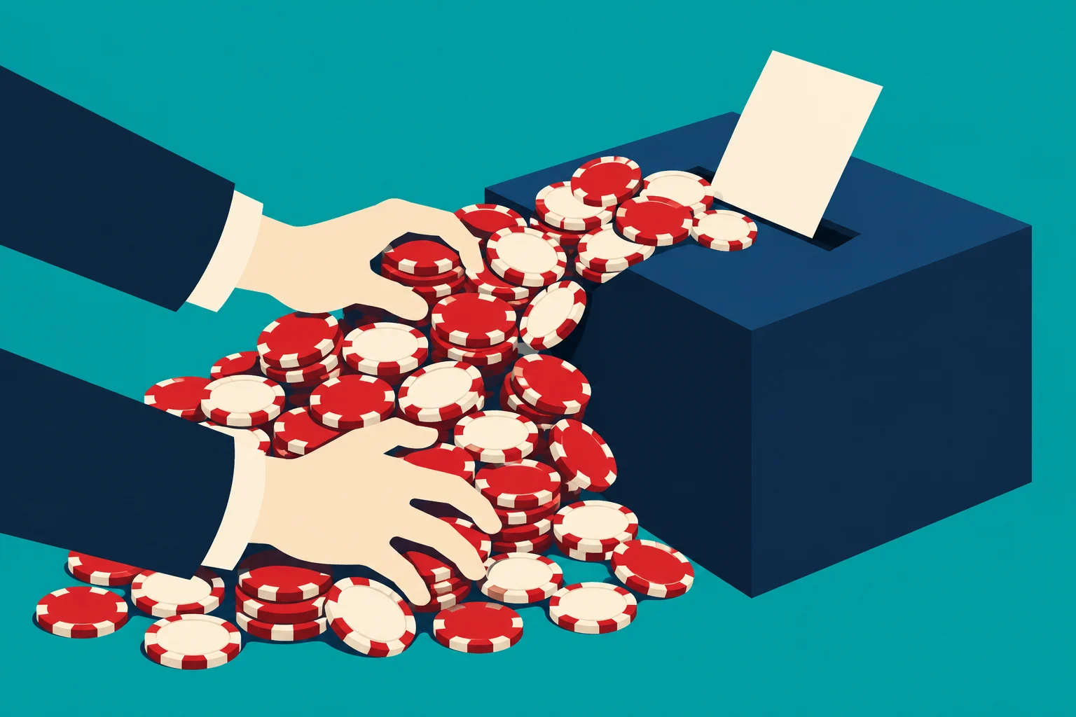 Two hands gather red and cream poker chips beside a dark blue ballot box with a blank cream paper protruding from its slot.