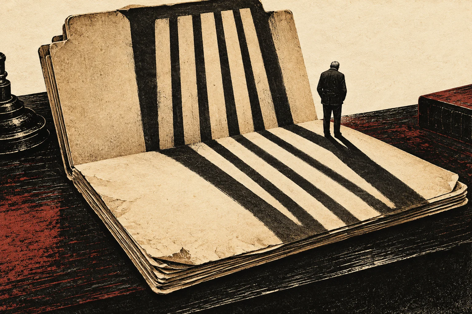 A small man stands on an open, aged book whose bold black stripes resemble prison bars, on a dark wooden desk.