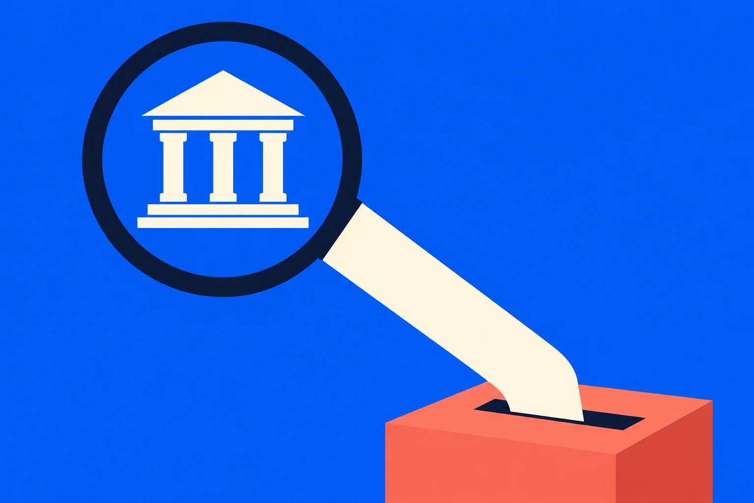 A magnifying glass containing a classical government building symbol has a cream handle extending into the slot of a coral ballot box against a blue background.