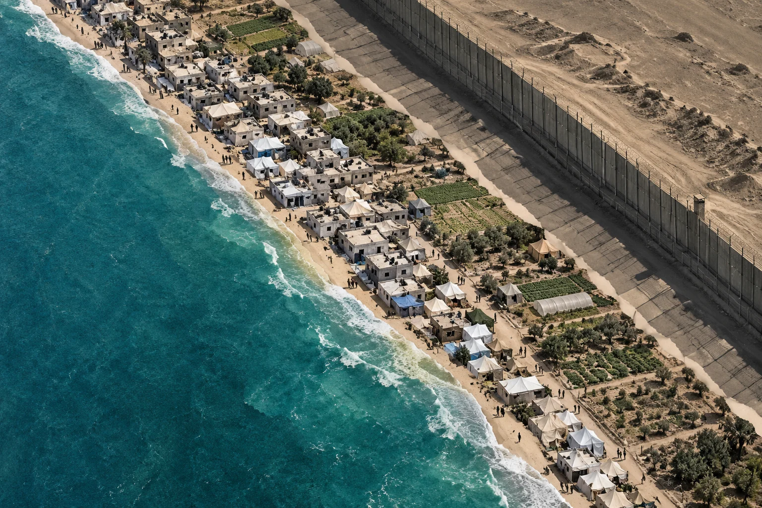 An aerial view shows a narrow coastal settlement of buildings, tents, and gardens between turquoise surf and a towering concrete wall bordering barren land.