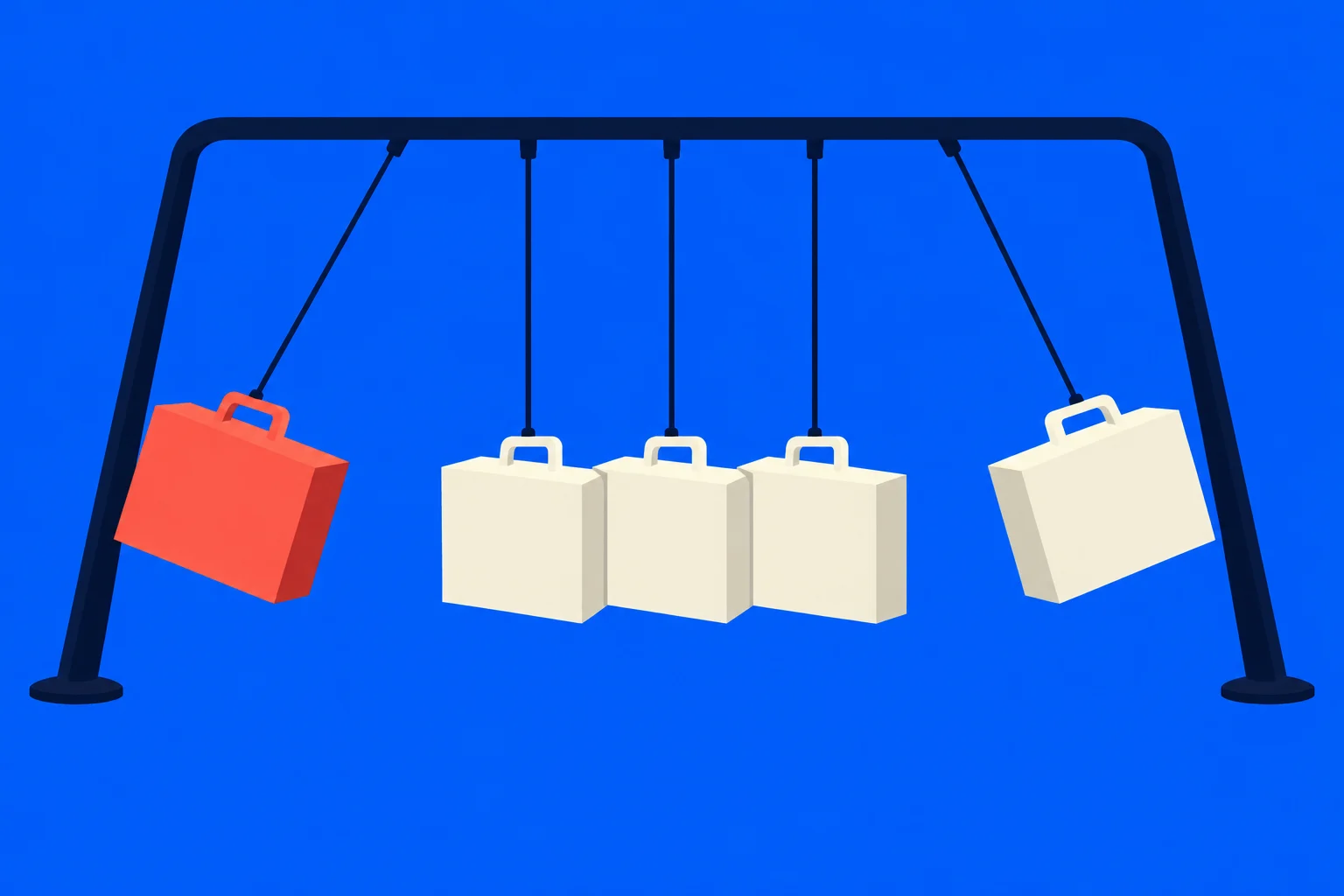 A Newton’s cradle with five hanging briefcases, one red and four cream, suspended from a dark frame against a bright blue background.