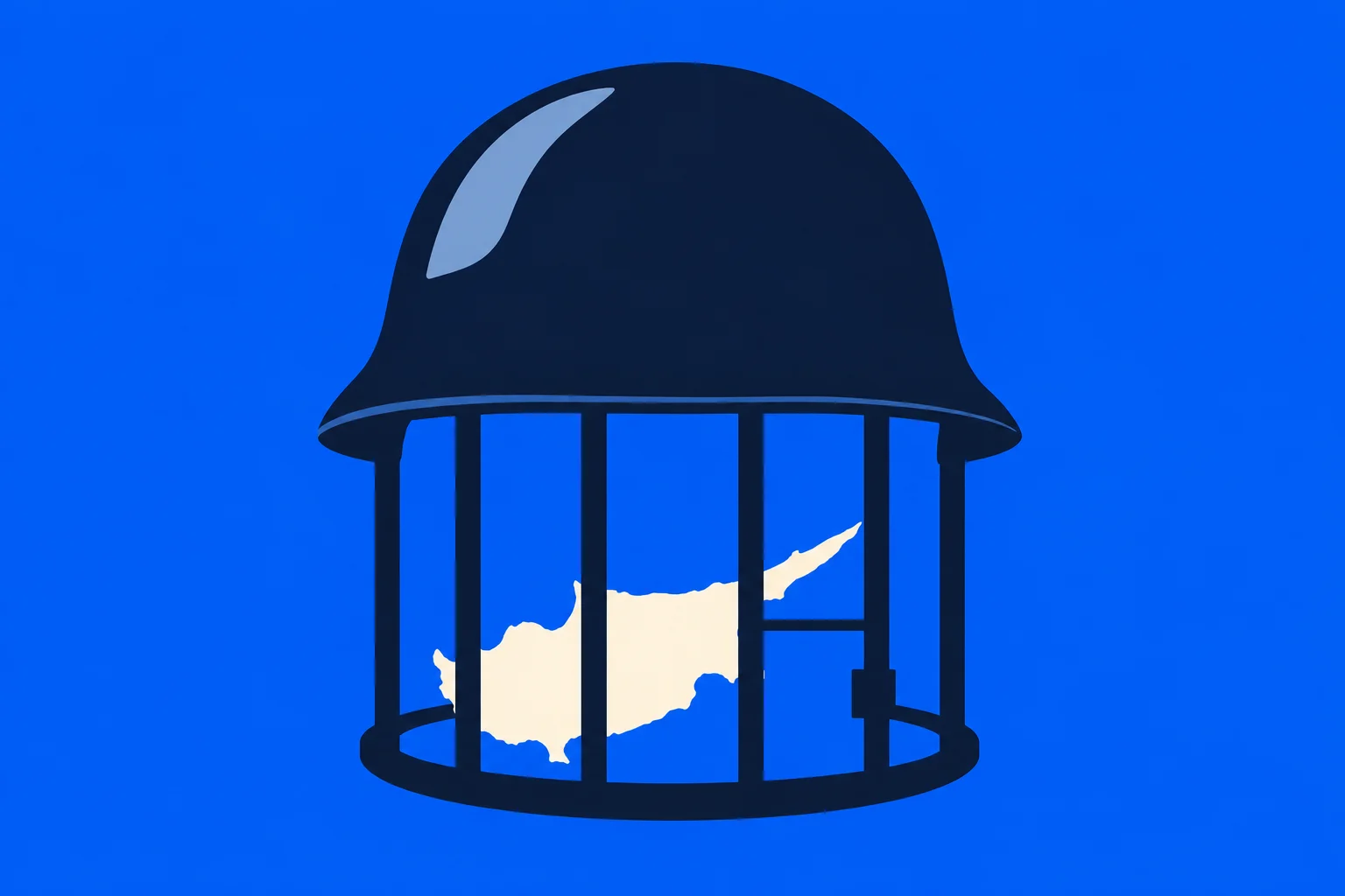 A dark military helmet forms the top of a barred cage containing a pale silhouette of Cyprus against a bright blue background.