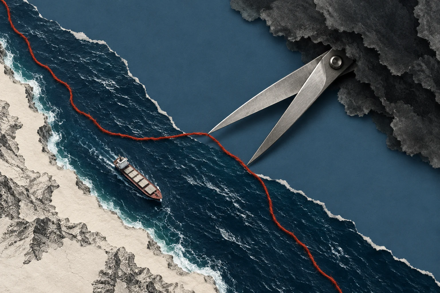 Giant scissors emerge from dark clouds toward a red thread stretching across a rough sea, with a cargo ship sailing beside a rocky coast.