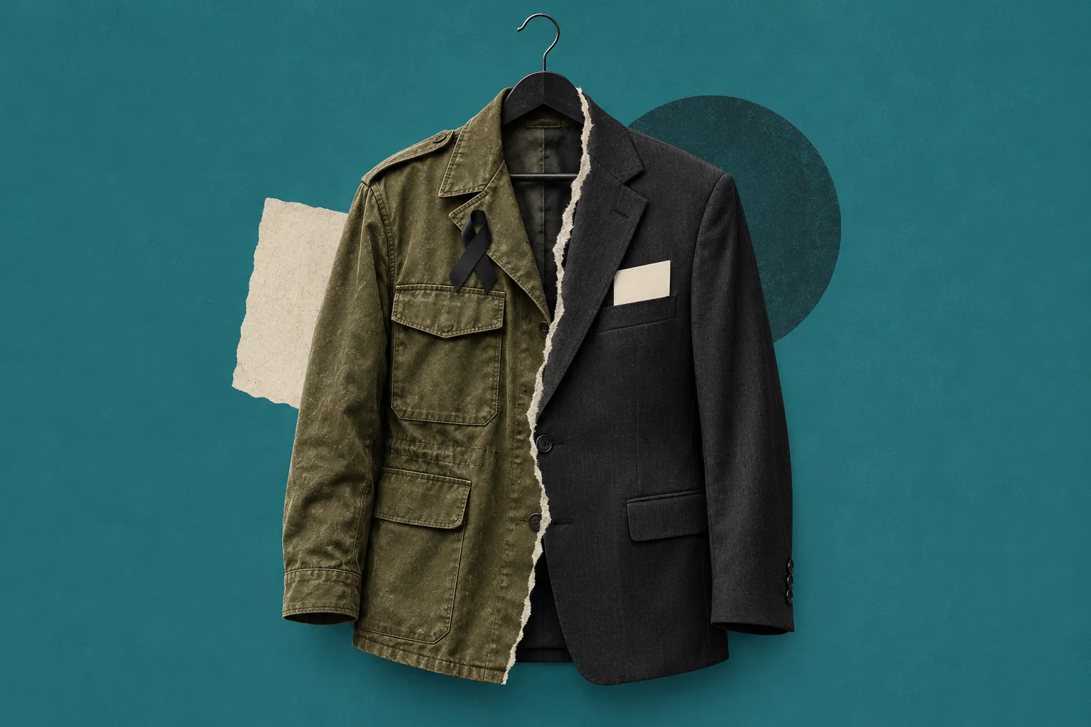 A hanging jacket combines an olive military coat with a black mourning ribbon and a dark business suit, divided by a torn edge against teal.