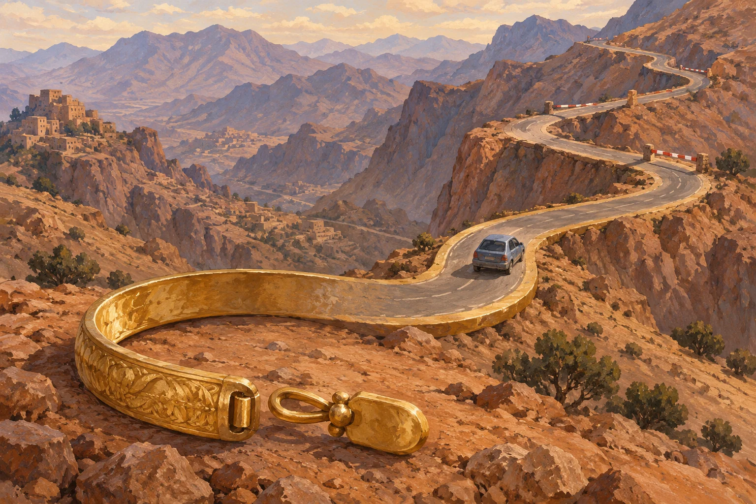 A winding mountain road transforms into a large ornate gold bracelet in a rocky desert landscape, with a car, distant villages, and layered mountains.